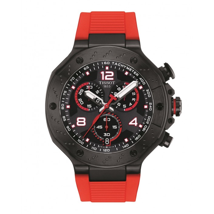 Steel watch with black PVD and red rubber strap T Race Tissot